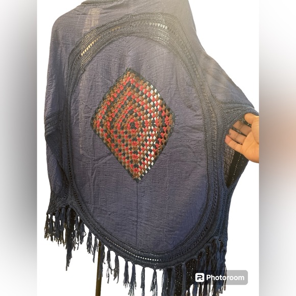 ODDY Boho Navy Fringe Linen Blend Kimono. One Size. NWT - Picture 7 of 10